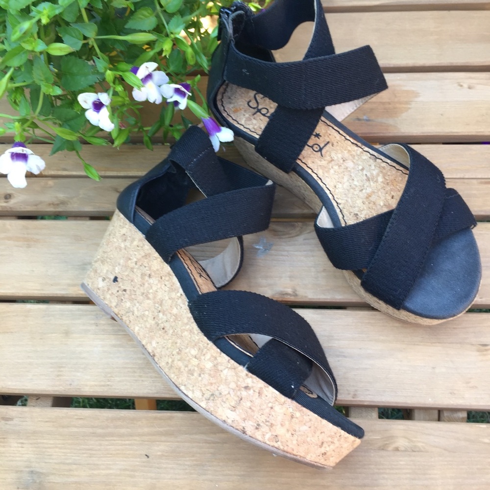 Splendid Black Leather/Fabric Cork Wedge, size 5.5